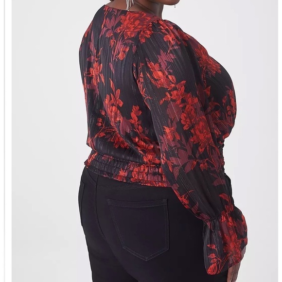 Lane Bryant Floral Metallic Threading Top Black Red Smocked Waist V-Neck NWT - Picture 2 of 13